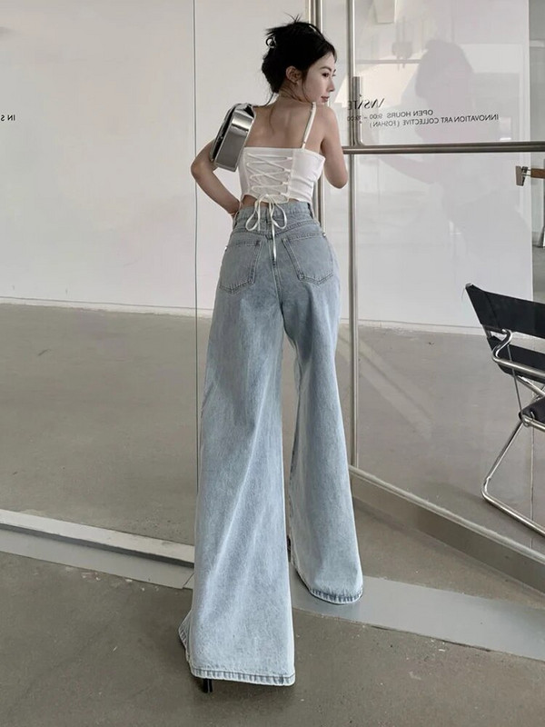 Jmprs Blugi largi pentru femei cu talie înaltă coreeană Causal pentru damă Pantaloni largi din denim, la modă, simpli, pentru femei, pantaloni largi