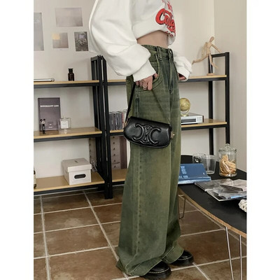 Zimné vintage tmavo modré dámske džínsy s vysokým pásom, americká móda, streetwear, široké nohavice, rovné džínsové nohavice