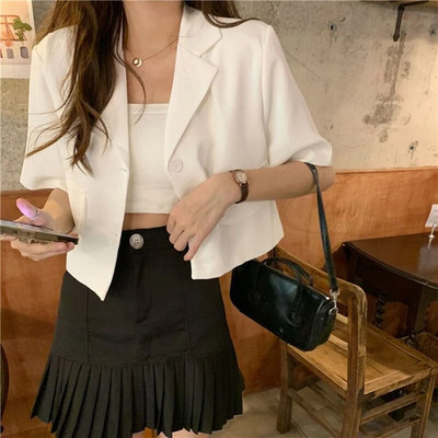 Jachetă decupată cu mânecă scurtă de vară pentru femei, cu nasturi de modă coreeană, blazer subțire, femeie, 2023, culoare solidă, haine pentru costum scurt pentru femei