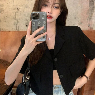 Jachetă decupată cu mânecă scurtă de vară pentru femei, cu nasturi de modă coreeană, blazer subțire, femeie, 2023, culoare solidă, haine pentru costum scurt pentru femei