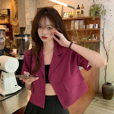 Jachetă decupată cu mânecă scurtă de vară pentru femei, cu nasturi de modă coreeană, blazer subțire, femeie, 2023, culoare solidă, haine pentru costum scurt pentru femei