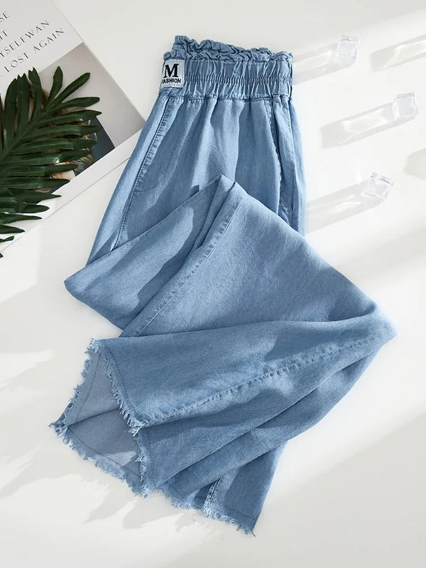 Letné nové dámske tenké džínsové nohavice z elastického materiálu s vysokým pásom, modré, široké nohavice, kórejské strečové, nadrozmerné, vrecovité džínsy
