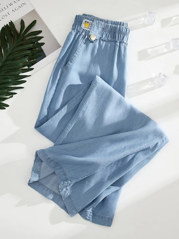 Letné nové dámske tenké džínsové nohavice z elastického materiálu s vysokým pásom, modré, široké nohavice, kórejské strečové, nadrozmerné, vrecovité džínsy