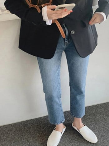 Ψηλόμεσες τσέπες Boyfriend Jeans Γυναικεία Stretch Μπλε Γυναικεία τζιν παντελόνι Cargo ίσιο παντελόνι πλυμένο παντελόνι Streetwear Τζιν