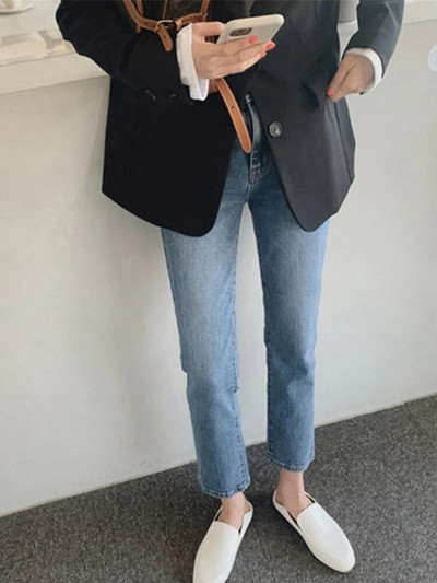 Buzunare cu talie înaltă Blugi Boyfriend Femei Stretch Albastru Doamnelor Denim Pantaloni cargo Pantaloni drepți Pantaloni spălați Blugi Streetwear