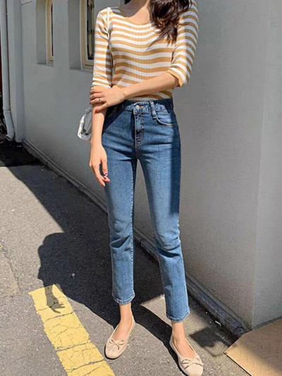 Buzunare cu talie înaltă Blugi Boyfriend Femei Stretch Albastru Doamnelor Denim Pantaloni cargo Pantaloni drepți Pantaloni spălați Blugi Streetwear