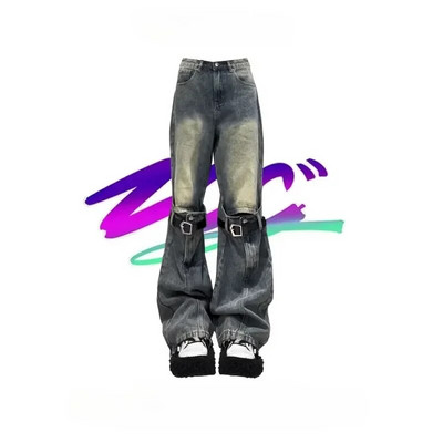 2024 Vintage ψηλόμεσο Street Style ζωσμένο ίσιο τζιν γοτθικό παντελόνι μόδας Γυναικείο φαρδύ πανκ φαρδύ παντελόνι τζιν Y2K