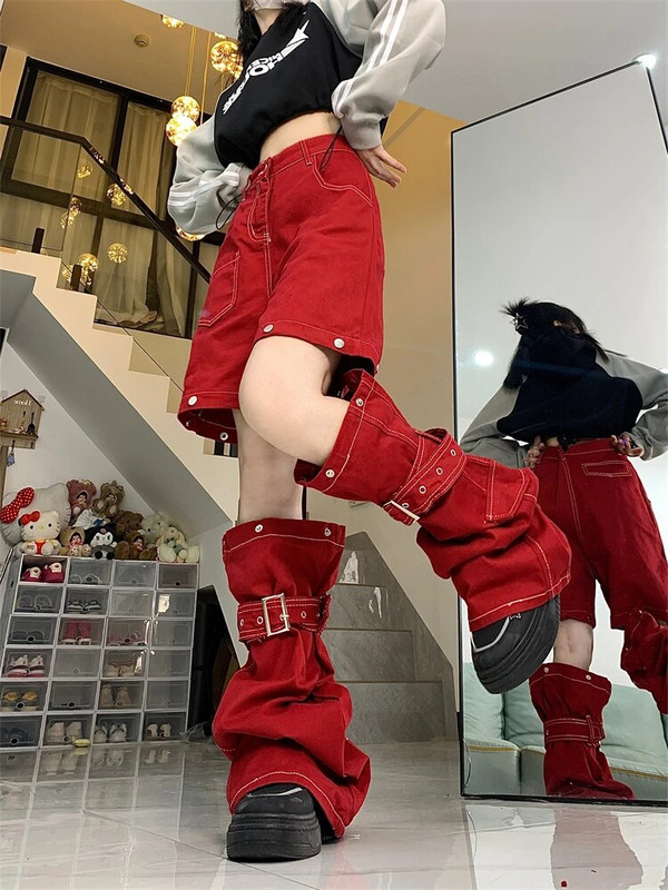 Dámske džínsy s vysokým pásom, červené, s gombíkovým zošívaním, americká móda, vintage streetwear, široké nohavice, dámske džínsové nohavice