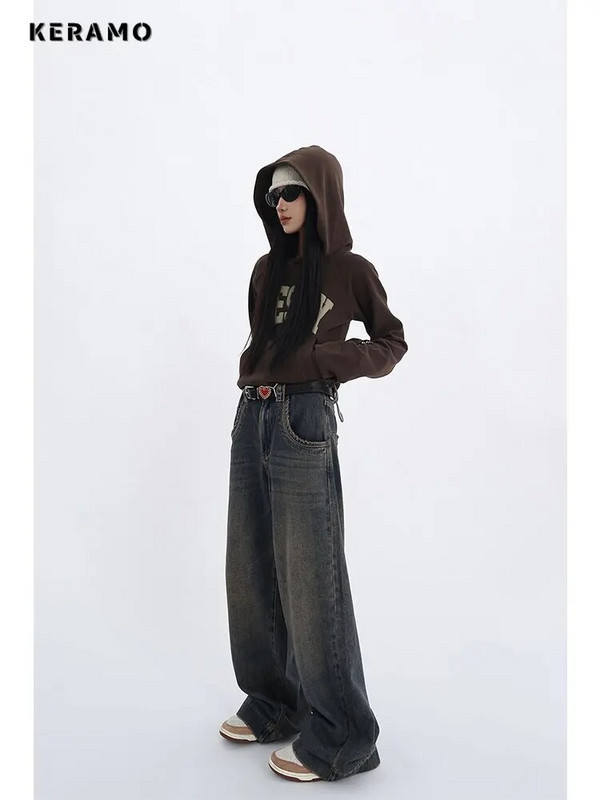Americké retro džínsy s vysokým pásom, rovné nohavice, dámske ležérne vrecovité, v štýle Y2K so širokými nohavicami, grunge, vintage, streetwear štýl