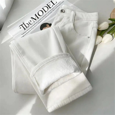 Jednoduché základné plus zamatové teplé rovné nohavice, dámske jesenné a zimné hrubé tenké voľné džínsové nohavice, módne streetwear dámske nohavice