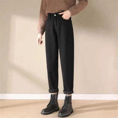 Jednoduché základné plus zamatové teplé rovné nohavice, dámske jesenné a zimné hrubé tenké voľné džínsové nohavice, módne streetwear dámske nohavice