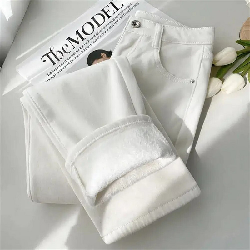 Jednoduché základné plus zamatové teplé rovné nohavice, dámske jesenné a zimné hrubé tenké voľné džínsové nohavice, módne streetwear dámske nohavice