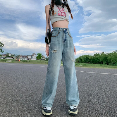 Nostalgické džínsy so širokými nohavicami, dámske jarné/letné úzke nohavice do zem, rovné nohavice, dlhé nohavice s roztrhaným otvorom