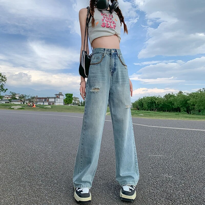 Nostalgické džínsy so širokými nohavicami, dámske jarné/letné úzke nohavice do zem, rovné nohavice, dlhé nohavice s roztrhaným otvorom