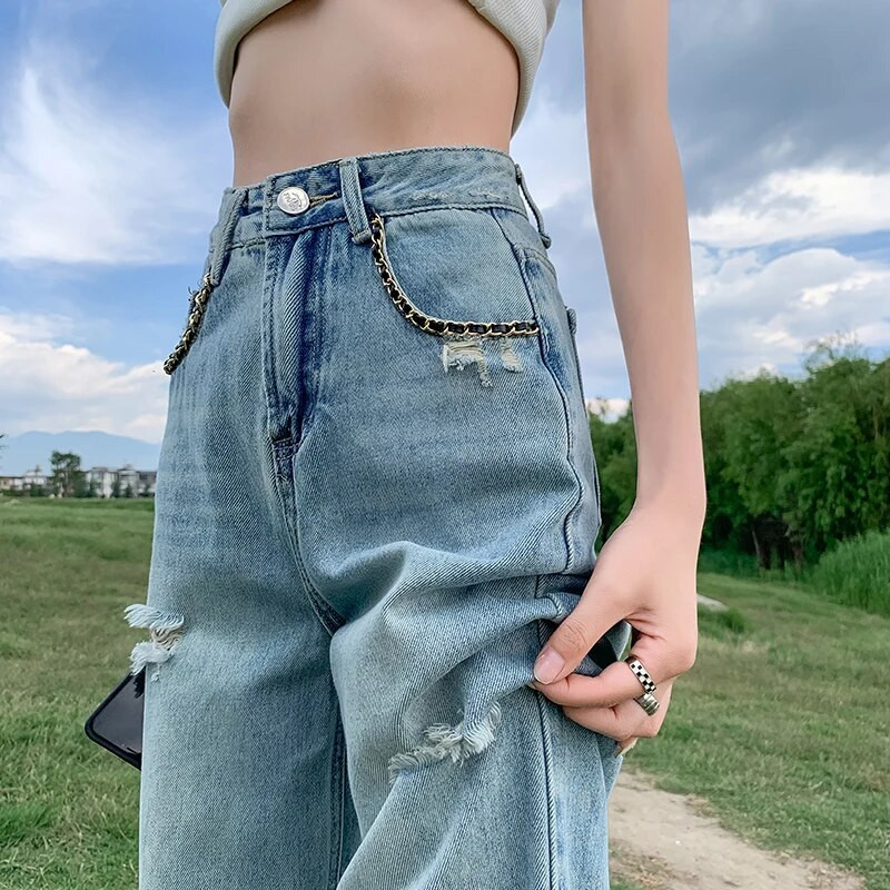 Nostalgické džínsy so širokými nohavicami, dámske jarné/letné úzke nohavice do zem, rovné nohavice, dlhé nohavice s roztrhaným otvorom