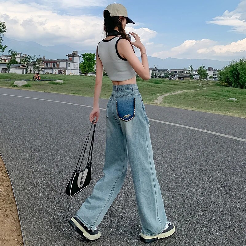 Nostalgické džínsy so širokými nohavicami, dámske jarné/letné úzke nohavice do zem, rovné nohavice, dlhé nohavice s roztrhaným otvorom