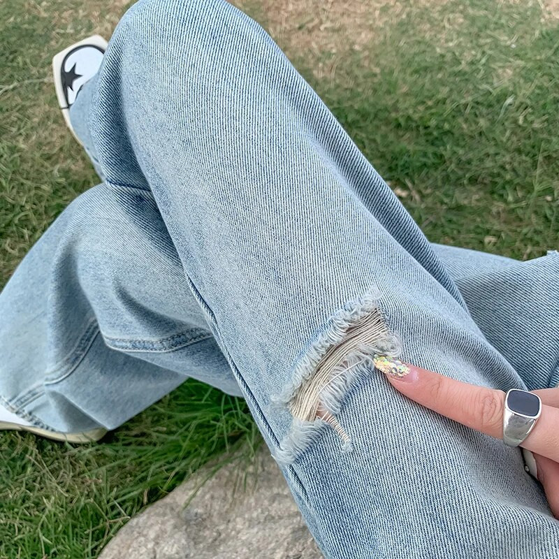 Nostalgické džínsy so širokými nohavicami, dámske jarné/letné úzke nohavice do zem, rovné nohavice, dlhé nohavice s roztrhaným otvorom