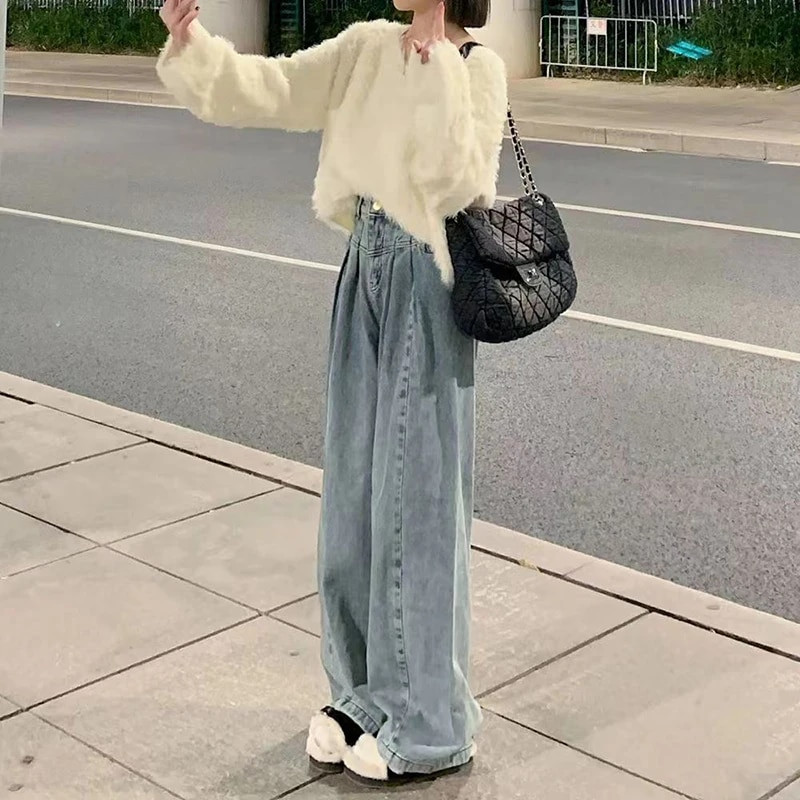 Dámske vintage modré džínsy Lucyever s vysokým pásom, voľné džínsy so širokými nohavicami, jesenné a zimné streetwear nohavice