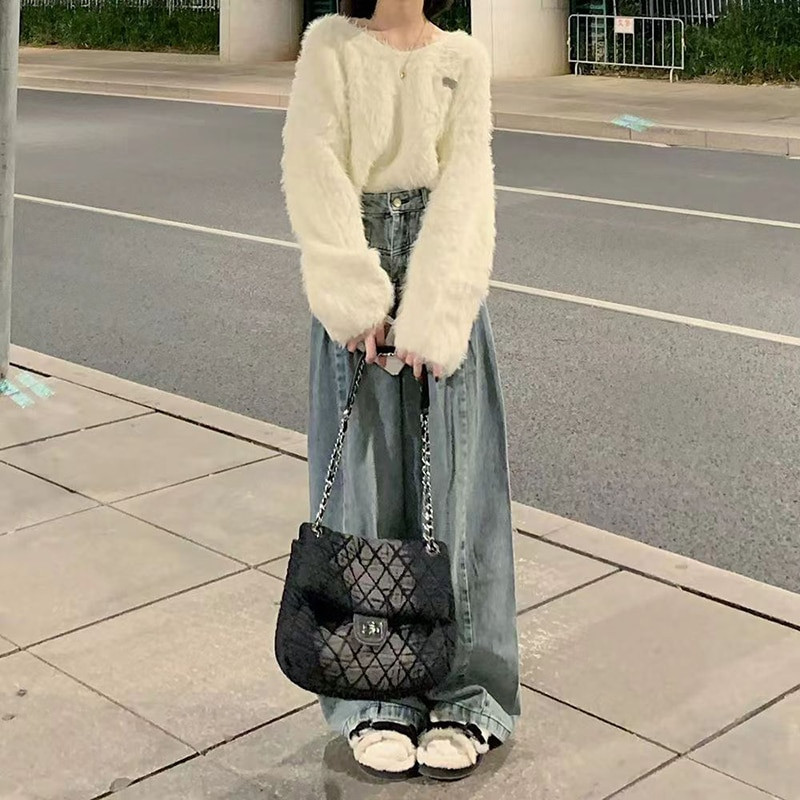 Dámske vintage modré džínsy Lucyever s vysokým pásom, voľné džínsy so širokými nohavicami, jesenné a zimné streetwear nohavice