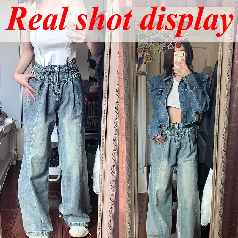 Dámske vintage modré džínsy Lucyever s vysokým pásom, voľné džínsy so širokými nohavicami, jesenné a zimné streetwear nohavice