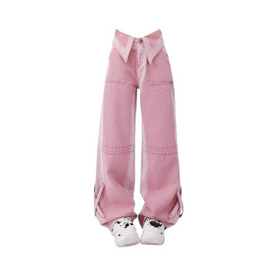 Blugi cargo cu talie înaltă, vintage, roz, pentru femei, pantaloni largi Harajuku Y2k de cowboy, îmbrăcăminte de stradă estetică, pantaloni drepti din denim cu picioare largi