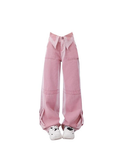 Női Vintage Pink High Waist Cargo Farmer Baggy Harajuku Y2k Cowboy Pants Esztétikus utcai viselet széles lábú, egyenes farmer nadrág