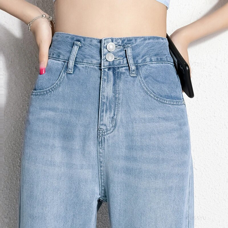 Letné lyocellové tenké dámske džínsy so širokými nohavicami, vysoký pás, zoštíhľujúci dizajn, voľné rovné nohavice na mopovanie