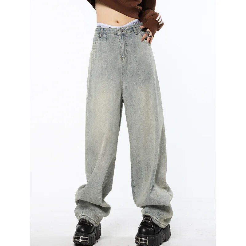 Modré dámske rifle s vysokým pásom, vintage rovné baggy džínsové nohavice, streetwear, americký štýl, módne dámske džínsové nohavice so širokými nohavicami