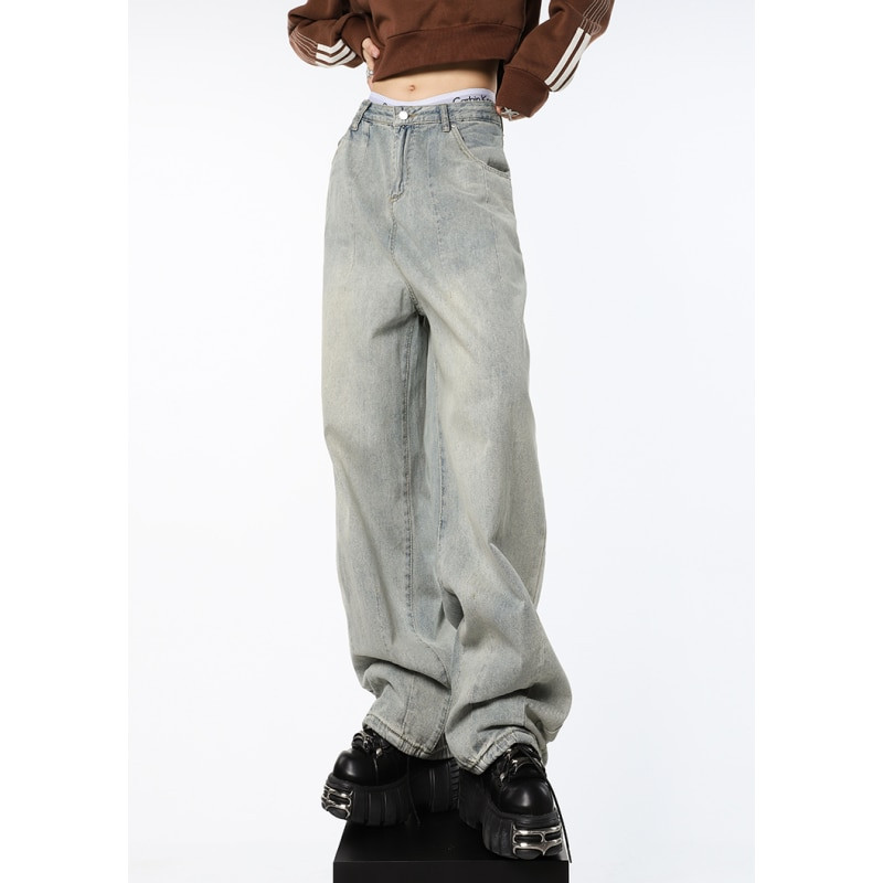 Modré dámske rifle s vysokým pásom, vintage rovné baggy džínsové nohavice, streetwear, americký štýl, módne dámske džínsové nohavice so širokými nohavicami