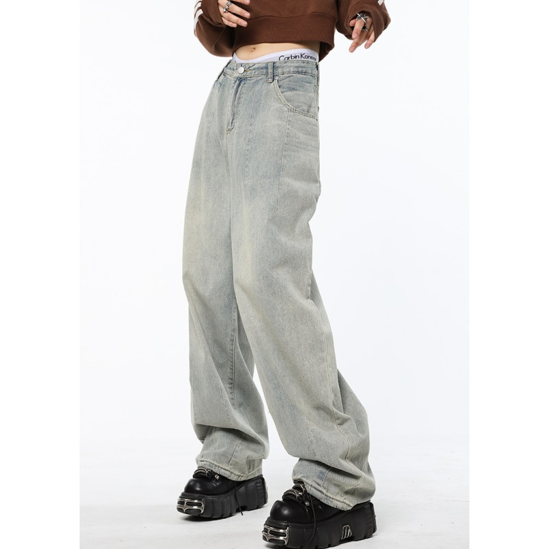 Modré dámske rifle s vysokým pásom, vintage rovné baggy džínsové nohavice, streetwear, americký štýl, módne dámske džínsové nohavice so širokými nohavicami