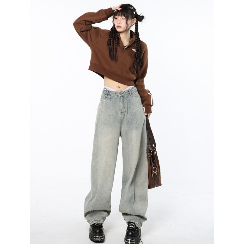 Modré dámske rifle s vysokým pásom, vintage rovné baggy džínsové nohavice, streetwear, americký štýl, módne dámske džínsové nohavice so širokými nohavicami