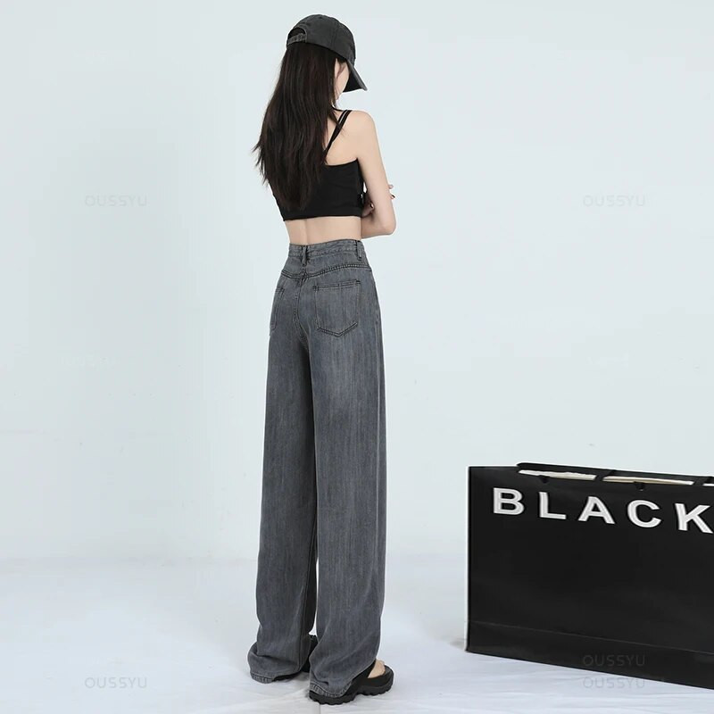 Letné mäkké lyocellové džínsy, tenké voľné, široké nohavice, rovné, s vysokým pásom, módne pohodlné, retro modré, ležérne nohavice