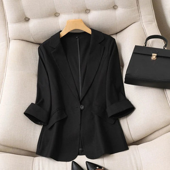 Дамски тънък плътен блейзър, есенно есенно яке с едно копче, свободно назъбено яке, модно ежедневни джобове, прави официални официални дамски палто