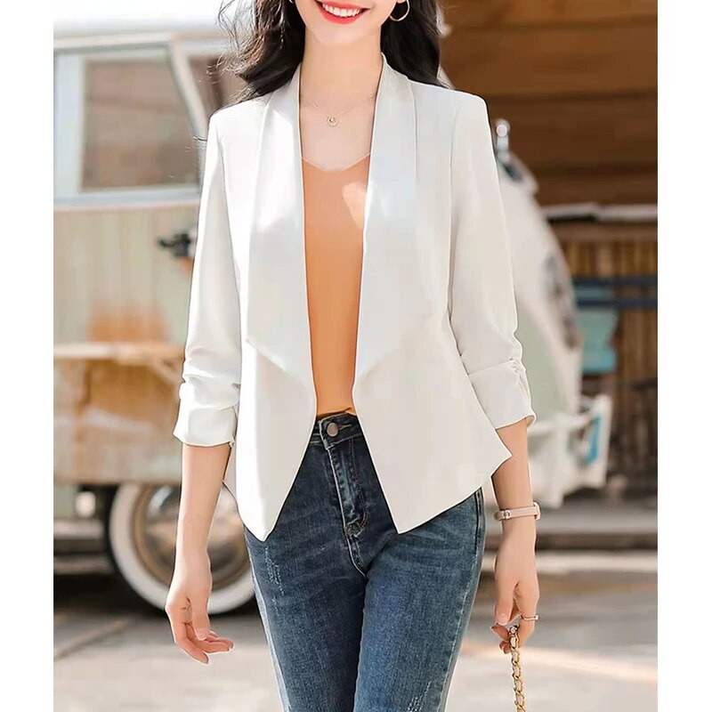 Jarné leto kórejské módne elegantné saká s 3/4 rukávmi, top dámske štíhle nariasenie, jednofarebný ležérny oblekový kabát, dámske oblečenie