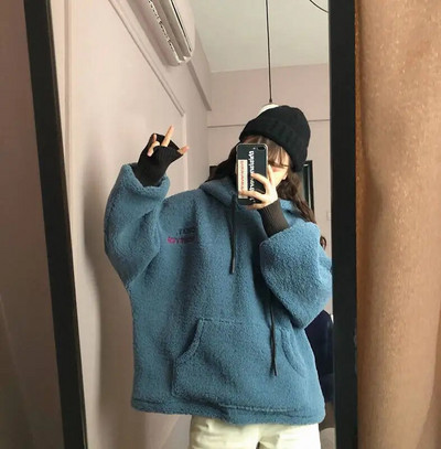 Hanorac cu glugă de pluș pentru femei, de culoare uni, pulover largi, cu glugă, la modă coreeană, rezistent la frig, îngroșat, moale, de primăvară, cu glugă. худи 후드티