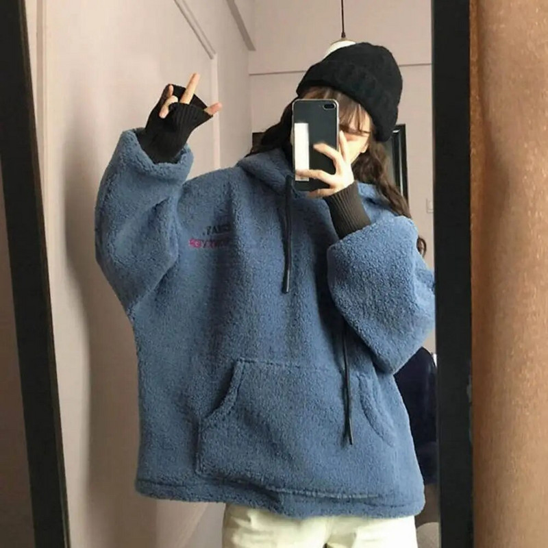 Hanorac cu glugă de pluș pentru femei, de culoare uni, pulover largi, cu glugă, la modă coreeană, rezistent la frig, îngroșat, moale, de primăvară, cu glugă. худи 후드티