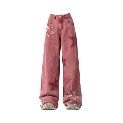 Blugi cu picior drept Steaua Roșie Pantaloni casual de vară cu ciucuri de femeie Spicy Girl Feel Y2K Pantaloni casual largi și subțiri