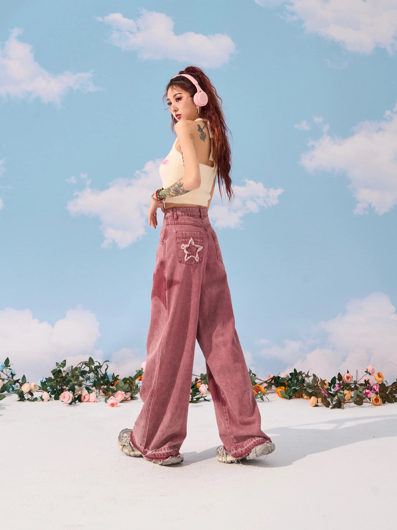 Blugi cu picior drept Steaua Roșie Pantaloni casual de vară cu ciucuri de femeie Spicy Girl Feel Y2K Pantaloni casual largi și subțiri