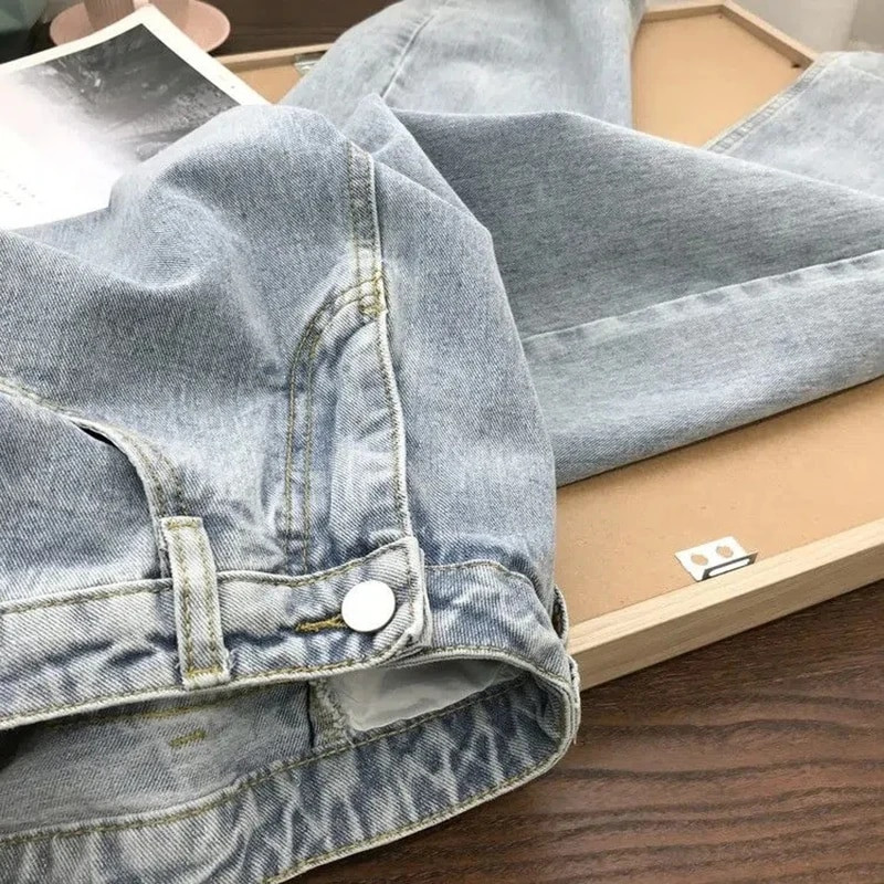 Kórejské dámske džínsy s vysokým pásom, streetwear, Y2k, voľné, svetlomodré, rovné, ležérne, jarné, jesenné, s vreckami, džínsové nohavice