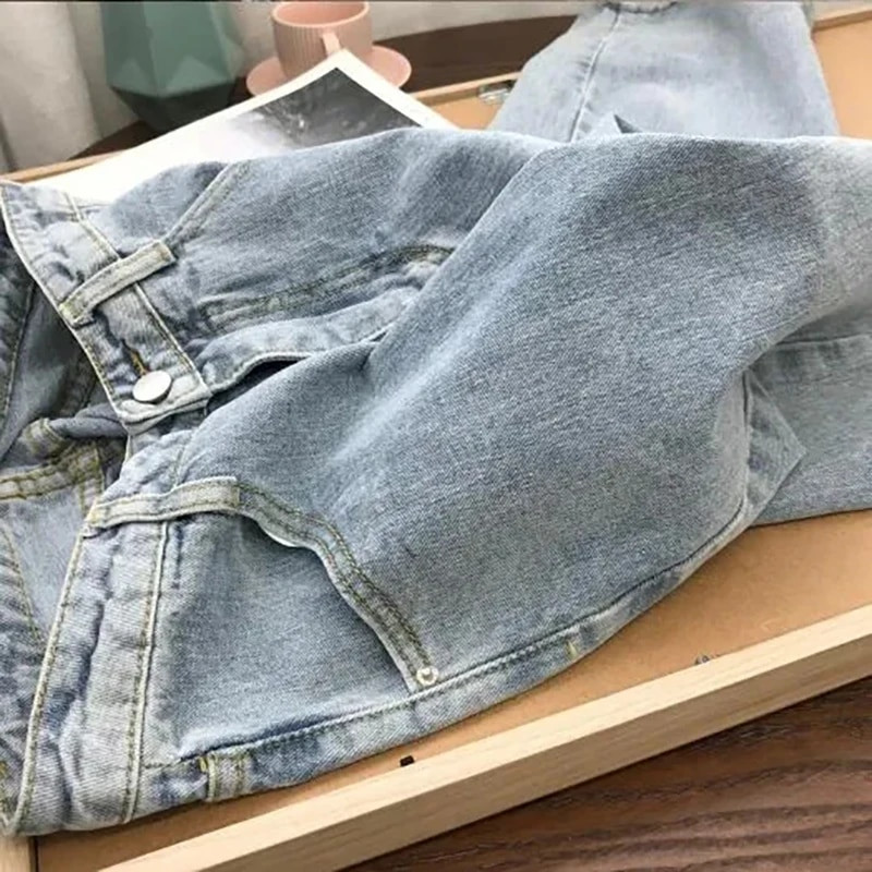 Kórejské dámske džínsy s vysokým pásom, streetwear, Y2k, voľné, svetlomodré, rovné, ležérne, jarné, jesenné, s vreckami, džínsové nohavice