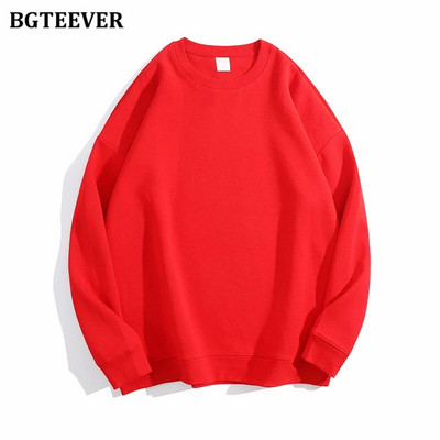 BGTEEVER Ležérne voľné dámske svetre s výstrihom do O-neck, jarné a jesenné, s dlhým rukávom, základné bavlnené mikiny pre ženy