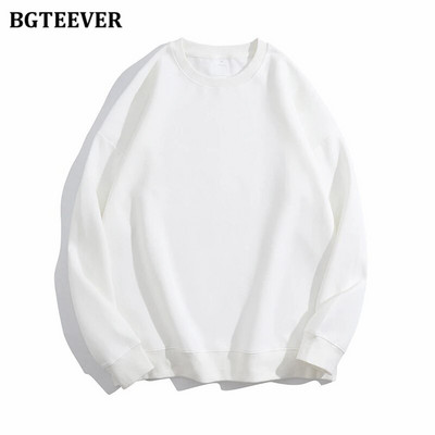 BGTEEVER Ležérne voľné dámske svetre s výstrihom do O-neck, jarné a jesenné, s dlhým rukávom, základné bavlnené mikiny pre ženy