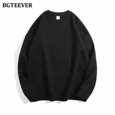 BGTEEVER Ležérne voľné dámske svetre s výstrihom do O-neck, jarné a jesenné, s dlhým rukávom, základné bavlnené mikiny pre ženy