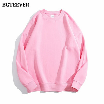 BGTEEVER Ležérne voľné dámske svetre s výstrihom do O-neck, jarné a jesenné, s dlhým rukávom, základné bavlnené mikiny pre ženy