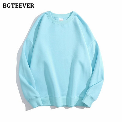 BGTEEVER Ležérne voľné dámske svetre s výstrihom do O-neck, jarné a jesenné, s dlhým rukávom, základné bavlnené mikiny pre ženy
