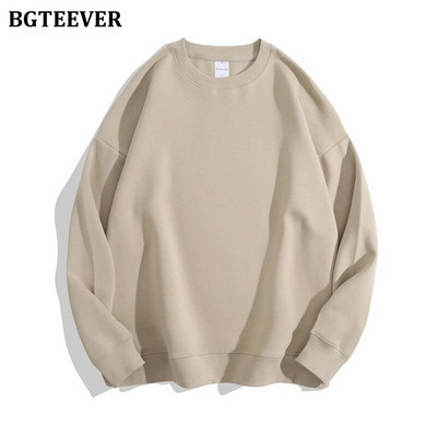 BGTEEVER Ležérne voľné dámske svetre s výstrihom do O-neck, jarné a jesenné, s dlhým rukávom, základné bavlnené mikiny pre ženy