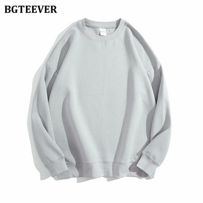 BGTEEVER Ležérne voľné dámske svetre s výstrihom do O-neck, jarné a jesenné, s dlhým rukávom, základné bavlnené mikiny pre ženy