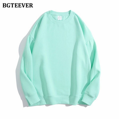 BGTEEVER Ležérne voľné dámske svetre s výstrihom do O-neck, jarné a jesenné, s dlhým rukávom, základné bavlnené mikiny pre ženy