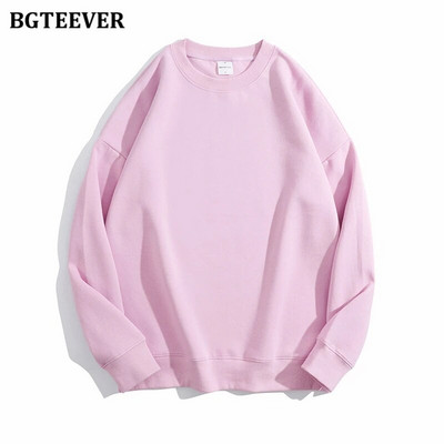 BGTEEVER Ležérne voľné dámske svetre s výstrihom do O-neck, jarné a jesenné, s dlhým rukávom, základné bavlnené mikiny pre ženy