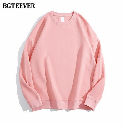 BGTEEVER Ležérne voľné dámske svetre s výstrihom do O-neck, jarné a jesenné, s dlhým rukávom, základné bavlnené mikiny pre ženy